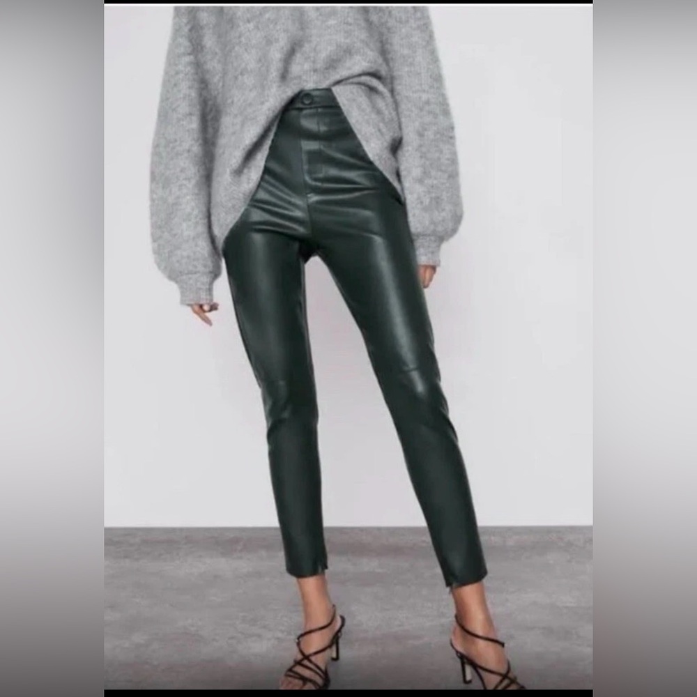 NWT Zara Legging Faux Leather High Rise Pants Forest green , Size XL - Picture 4 of 11